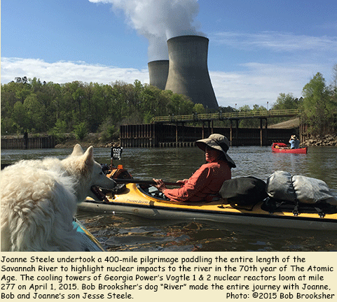 Joanne Steele paddles under the Vogtle 1 & 2 cooling towers. No Nukes Y'all!
